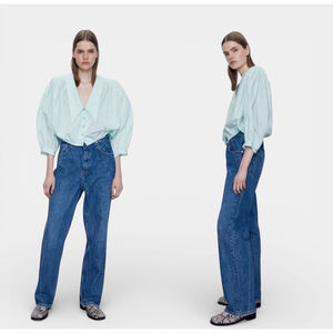 ZARA Top Women Size Small Mint Green Exaggerated Collar Puff 3/4 Sleeves Cotton